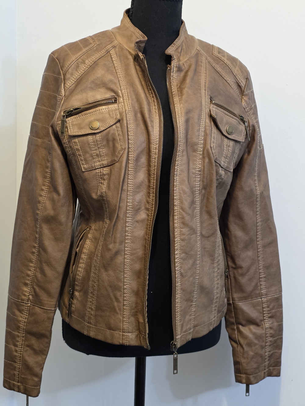 Jou Jou Distressed Tan Brown Leather Jacket
